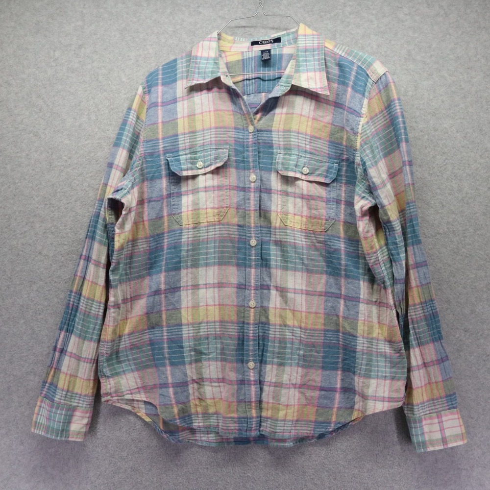 Chaps Shirt Top Womens Large Casual Flap Pocket Button Up Plaid Long Sleeve